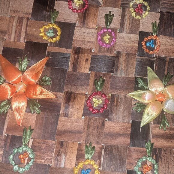 Vintage Handmade Philippines Raffia Purse Floral Wicker Hippie Boho - Picture 3 of 5